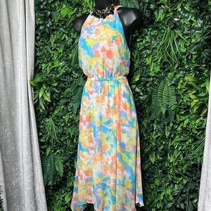 BCBGGeneration‎ Dress Small Orange Blue High Neck Tie Dye Asymmetric Midi 3569